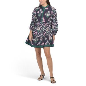 CELINA MOON Navy/pink Long Sleeve Mock Neck Floral Print Mini Dress